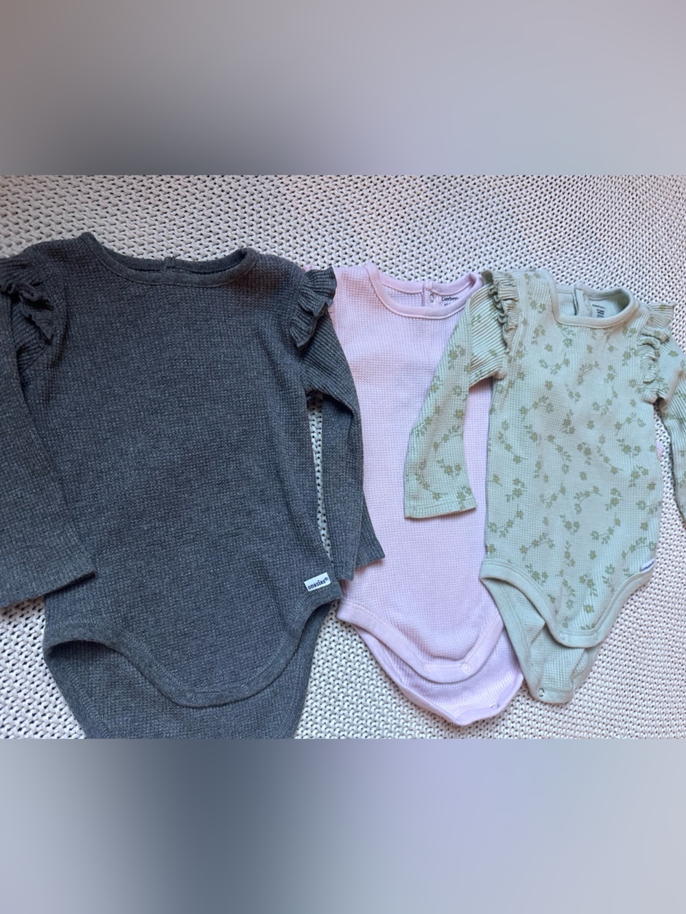 6-9 Months Gerber Baby Long-Sleeve Ruffle Bodysuit - Gray, Pink, Green Floral